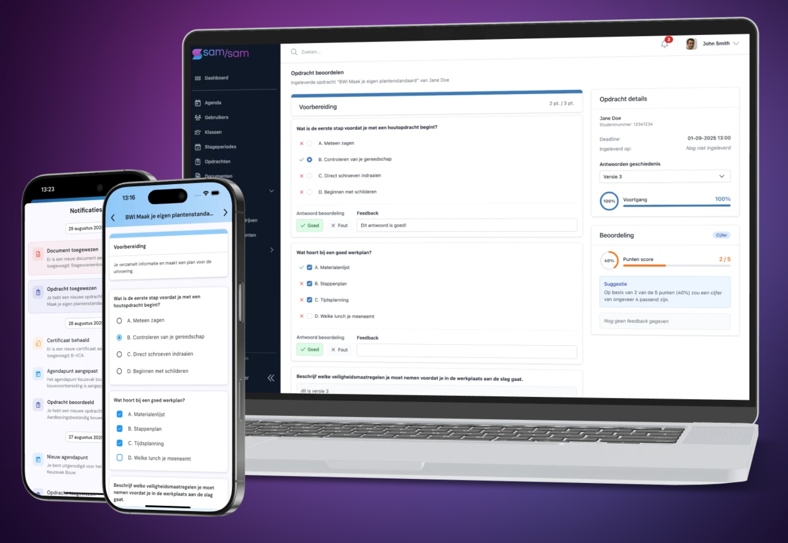 Het SamSam-platform op laptop met twee schermen van de mobiele app ervoor