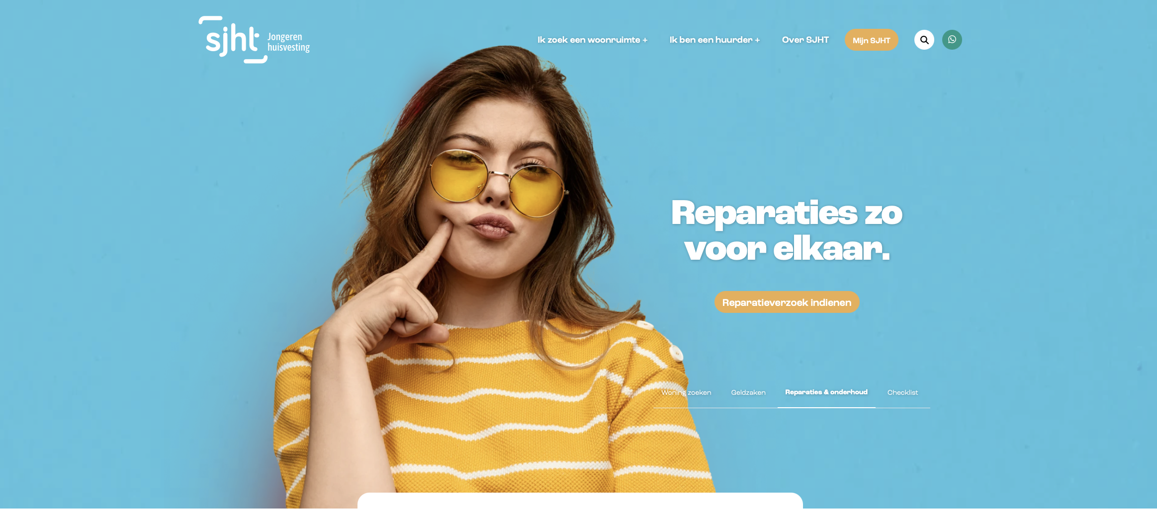 De SJHT-website met de kop Reparaties zo voor elkaar en een knop om een reparatieverzoek in te dienen